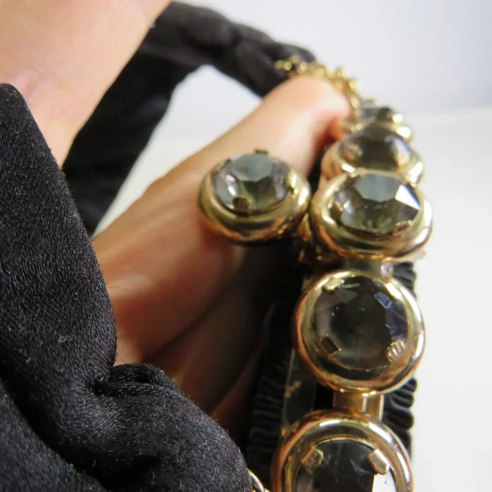 Vintage 1950s Black Satin Pouf Bag with Jeweled Frame Evening Bag Formal Costume